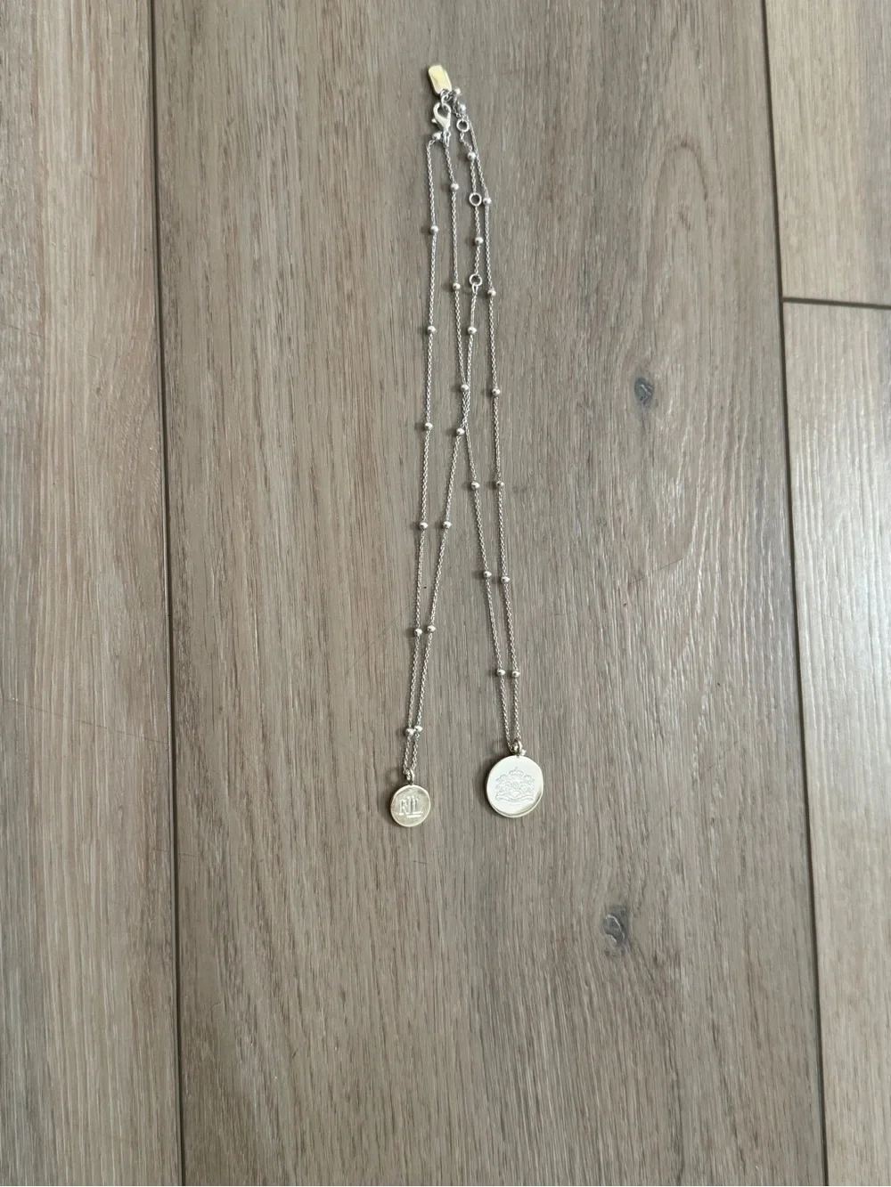 Lauren Ralph Lauren Silver Tone Engraved Logo Two-Row Pendant Necklace extender